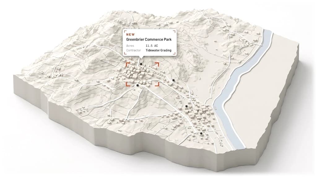 A model of a territory with active construction projects marked, one showing its name, acreage and the contractor on it.